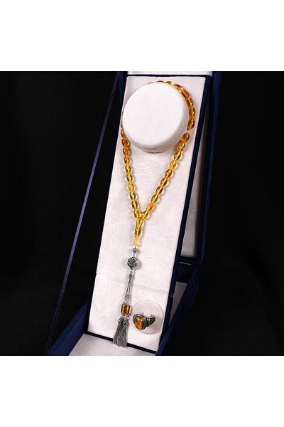 TESBİHCİBABA Prime Collection - Fly Fossil Drop Amber Prayer Beads and Ring Set