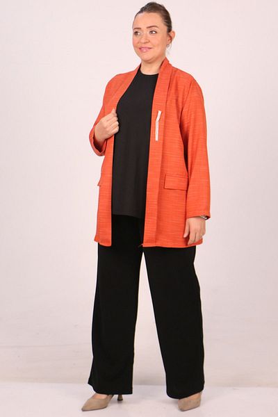 Eslina 43021 Plus Size - Detachable Brooch Short Jacket, Melted Brick Color Woven