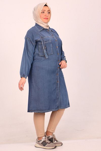 Eslina 33040 Plus Size Pocket Λεπτομερής Λιόσελ τουνίκ-Μπλε