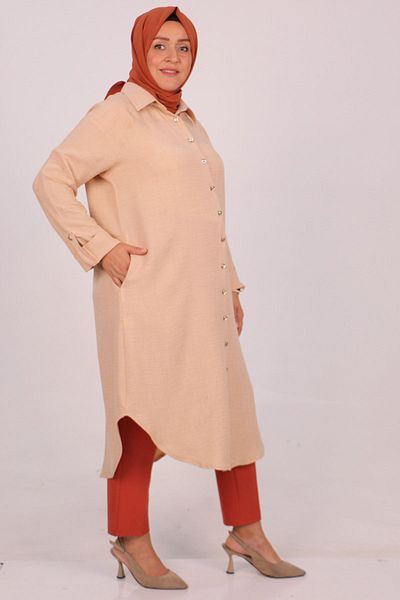 eslamood 38132 Large Size Linen Airobin Shirt - Beige
