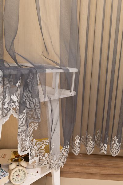 perhal perde ve halı Anthracite Dark Gray Double Breasted Tulle Curtain with 1-3 Tight Embroidered Skirts - Gradient Color Transition