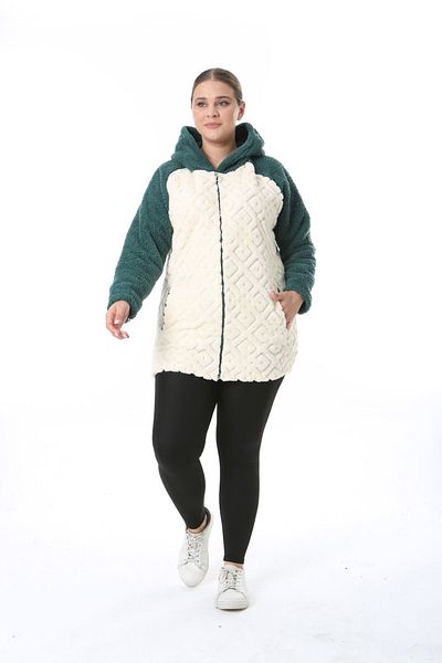 xlargebutik Plus Size Green Plush Fleece - Cream Sleeve and Hood Soft
