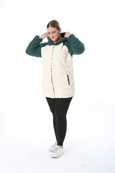 xlargebutik Plus Size Green Plush Fleece - Cream Sleeve and Hood Soft