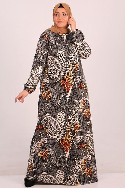 Eslina 42006 Plus Size Crystal Dress with Elastic Sleeves-Pattern 1 Yellow