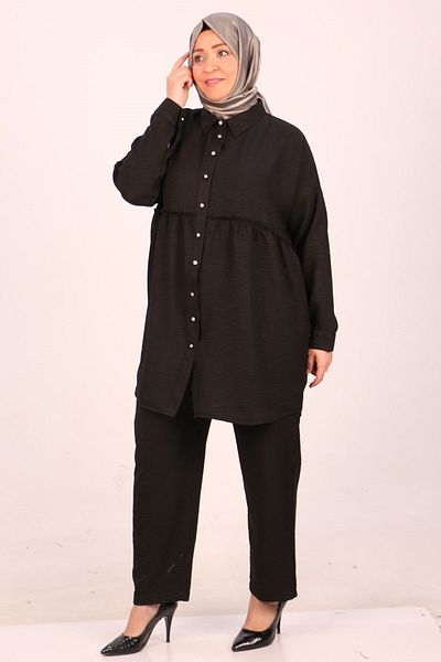 Eslina 47002 Large Size Drawstring Detailed Linen Airobin Trousers Set-Black