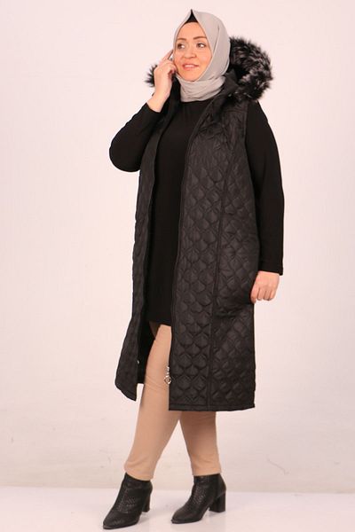Eslina 34028 Large Size Quilted Detachable Hooded Vest-Black