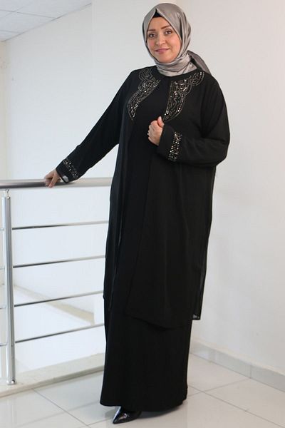 Eslina 42004 Plus Size - Stone Detailed Collar Chiffon Set - Μαύρο