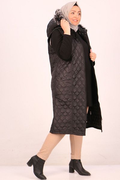 Eslina 34028 Large Size Quilted Detachable Hooded Vest-Black