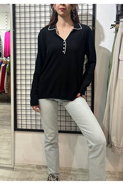 Butik Şans Bluză tricotată cu gât polo cu nasturi JM