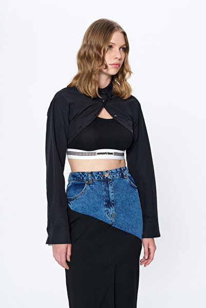 Quzu İçi Atlet Detaylı Asimetrik Crop Gömlek Siyah