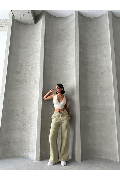 Cappmoda EŞF-09087 Χακί γρασίδι ελαστική μέση με τρεις κλωστές Palazzo αθλητική φόρμα