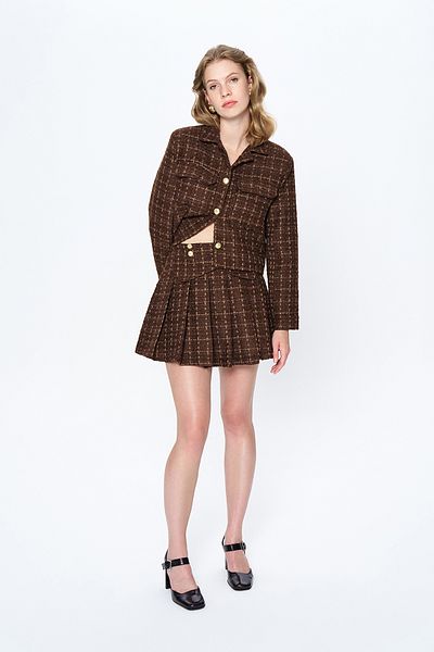 Quzu Brown Pleated Mini Skirt - with Button Accessory