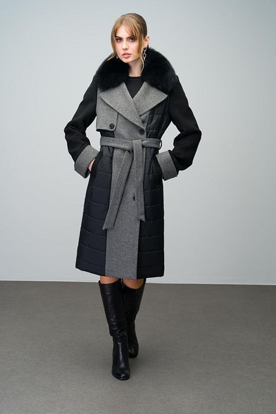 Olcay Gray Double Breasted Coat - Quilted with Removable Fur and Pattern 3018-Tk