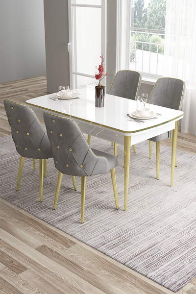 Canisa Tia Serisi 80x132 Açılabilir Mdf Mutfak Masası Takımı Beyaz Masa Gold ...