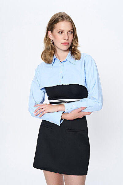 Quzu İçi Atlet Detaylı Crop Gömlek Mavi