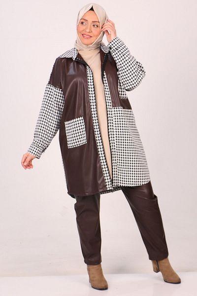 Eslina 37045 Plus Size Δερμάτινο Σετ Παντελόνι - Houndstooth, Καφέ