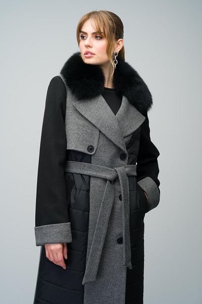 Olcay Gray Double Breasted Coat - Quilted with Removable Fur and Pattern 3018-Tk