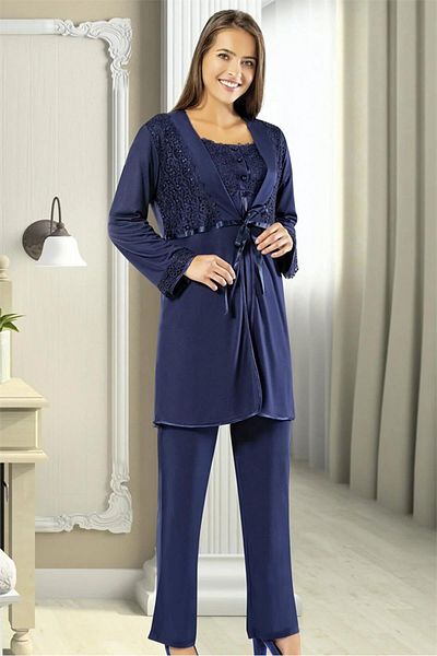 CT MODA Women's Navy Blue Lace Special Design Cotton Combed Maternity Dressing Gown Pajama Set