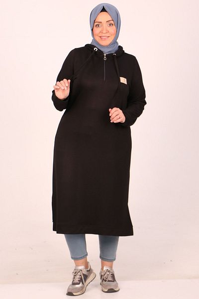 Eslina 48011 Large Size Black Crystal Tunic - Two Thread, Zipper Detail