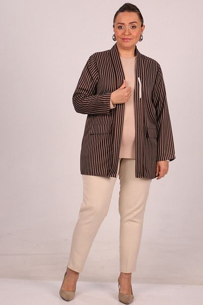 Eslina 43021 Plus Size ριγέ καφέ κοντό μπουφάν - Αποσπώμενη καρφίτσα