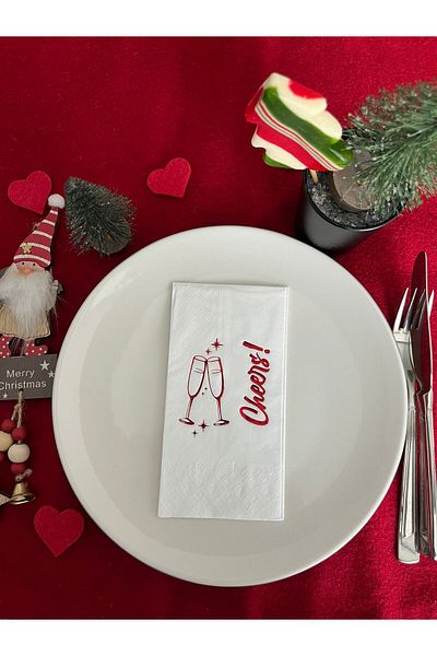 kidspartim New Year's Red Gilded White Cheers Napkin - Set of 16
