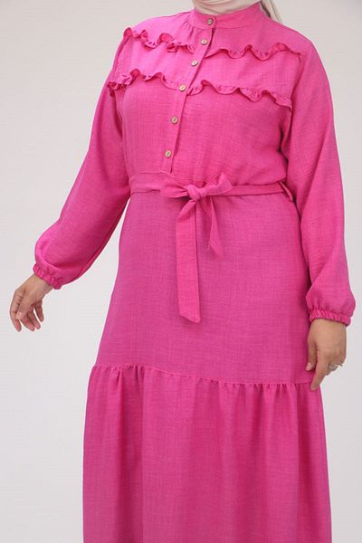 Eslina 32033 Φούξια Λινό Φόρεμα - Plus Size, με βολάν και ζώνη