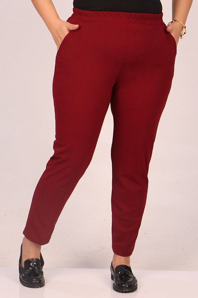 Eslina 39041 Large Size Elastic Waist Scuba Trousers-Burgundy