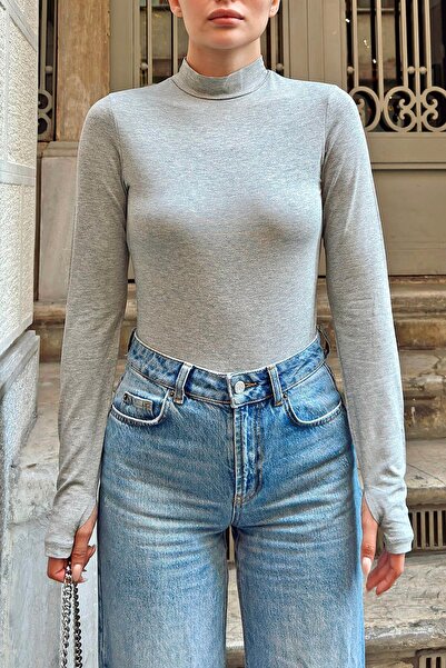 Swist Gri Poi Parmak Detaylı Yarım Balıkçı Kadın Body Bluz