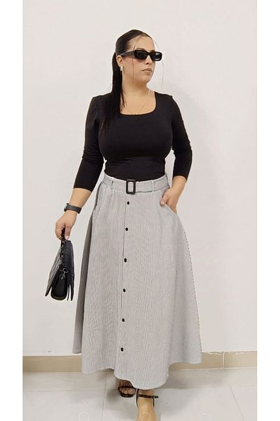AKŞEN GİYİM Large Size Cotton Linen Striped Button Model Belted Midi Skirt