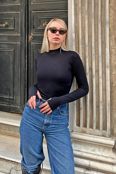 Swist Schwarze Poi-Finger-Detail-Halbfischer-Bodybluse für Damen