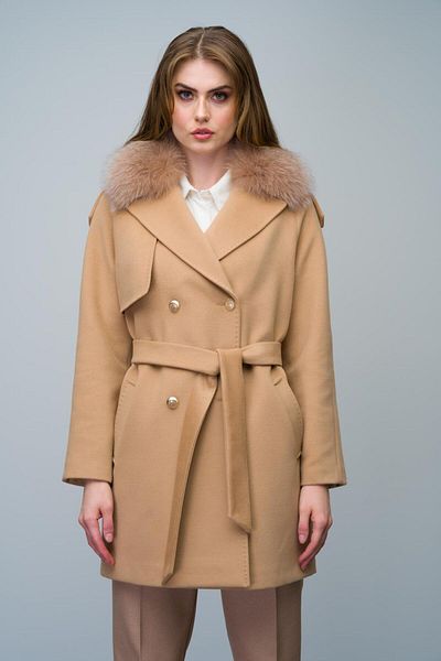 Olcay Cashmere Coat with Removable Fur Collar and Cape - Biscuit 3007-Tk