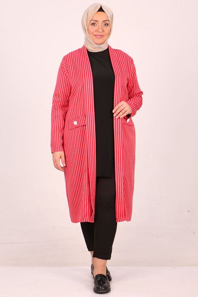 eslamood 33047-1 Large Size Striped Red Long Fabric Jacket