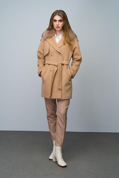Olcay Cashmere Coat with Removable Fur Collar and Cape - Biscuit 3007-Tk