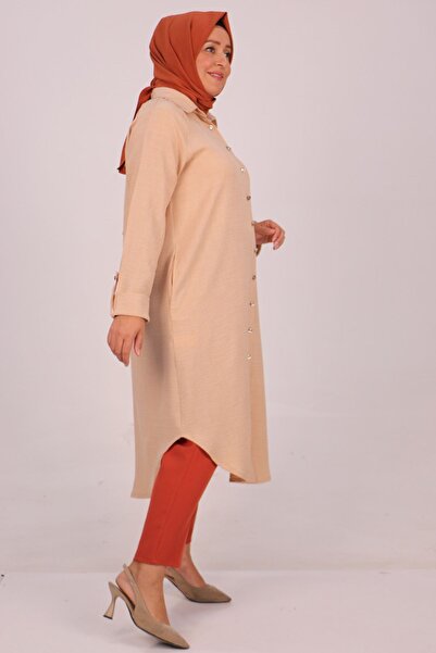 eslamood 38132 Large Size Linen Airobin Shirt - Beige