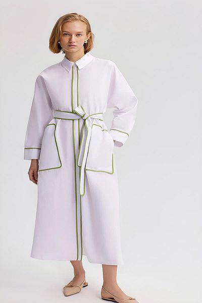 Touche Belted Waist Piping Detail Poplin Dress Mkn2023
