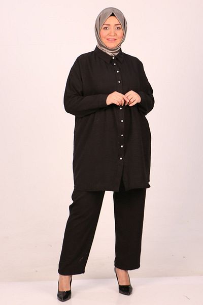 Eslina 47002 Large Size Drawstring Detailed Linen Airobin Trousers Set-Black