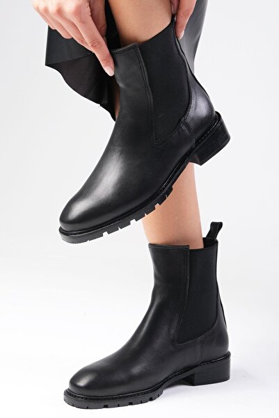 Mio Gusto Arlo Hakiki Deri Oval Burun Siyah Renk Kadın Lastikli Düz Bot