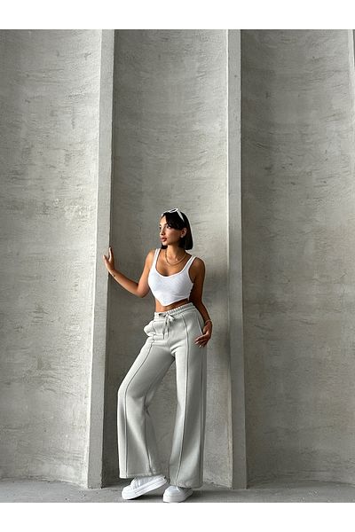 Cappmoda EŞF-09087 Γκρι φόρμα Palazzo - Τρεις κλωστές, ελαστική μέση
