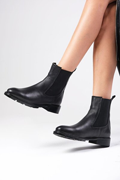 Mio Gusto Arlo Hakiki Deri Oval Burun Siyah Renk Kadın Lastikli Düz Bot