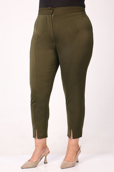 Eslina 39028 Large Size Front Slit Skinny Leg Trousers - Khaki