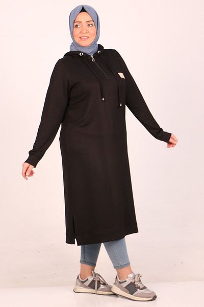 Eslina 48011 Large Size Black Crystal Tunic - Two Thread, Zipper Detail