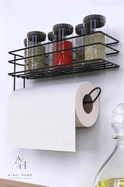 ATACI Adhesive Shampoo Holder Spice Rack 2Li Metal Paper Towel Holder Stylish Kitchen Bathroom Shelf with Black Stand