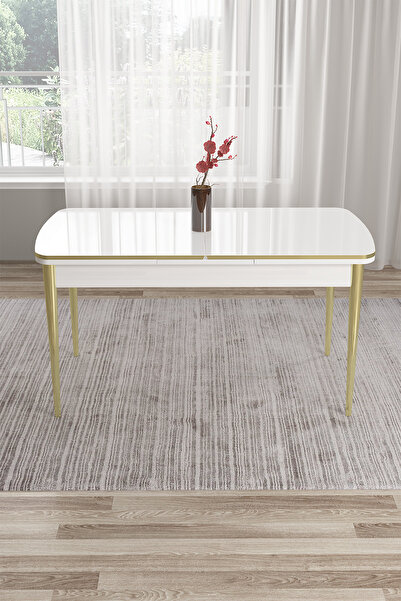 Canisa Tia Serisi 80x132 Açılabilir Mdf Mutfak Masası Takımı Beyaz Masa Gold Detay 4 Krem Sandalye