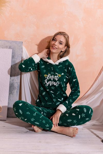 nisaNCa Hooded Winter Women's Plush Fleece Pajama Set - New Year's Pajamas