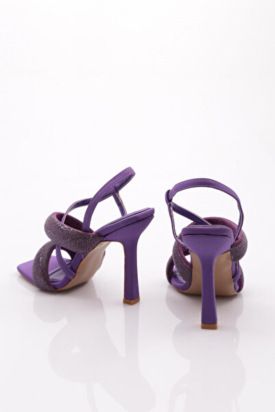 DGN Kadın Kalın Sıralı Ve Çapraz Bantlı Silver Taşlı Topuklu Ayakkabı Mor Saten 314333210