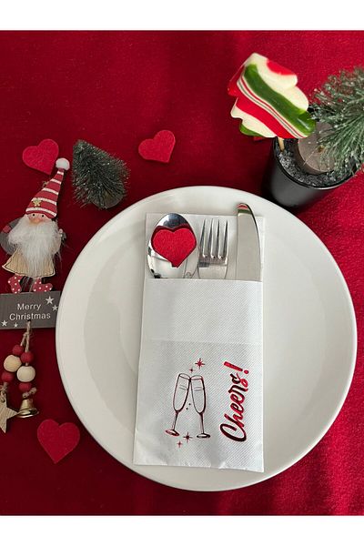 kidspartim Red Gilded White Pocketed New Year's Cheers Model Napkin 12 Pieces 40X40