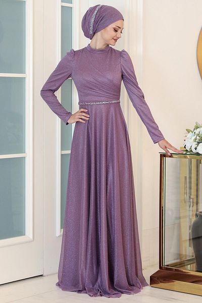 SUBU TASARIM Lavender Glitter Evening Dress - Tbssn46