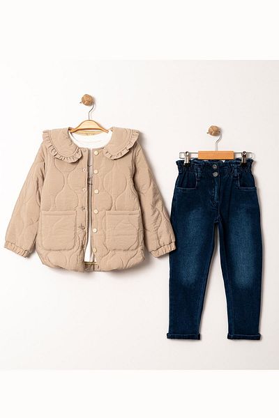 Minik Dolap Quilted Coat 3 Piece Jeans Set