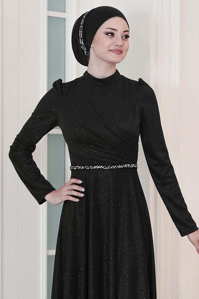 SUBU TASARIM Черна блестяща вечерна рокля - TBSSN46