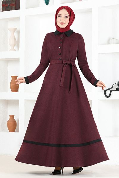 ModaMerve Burgundy Belted Dress - Msl2395